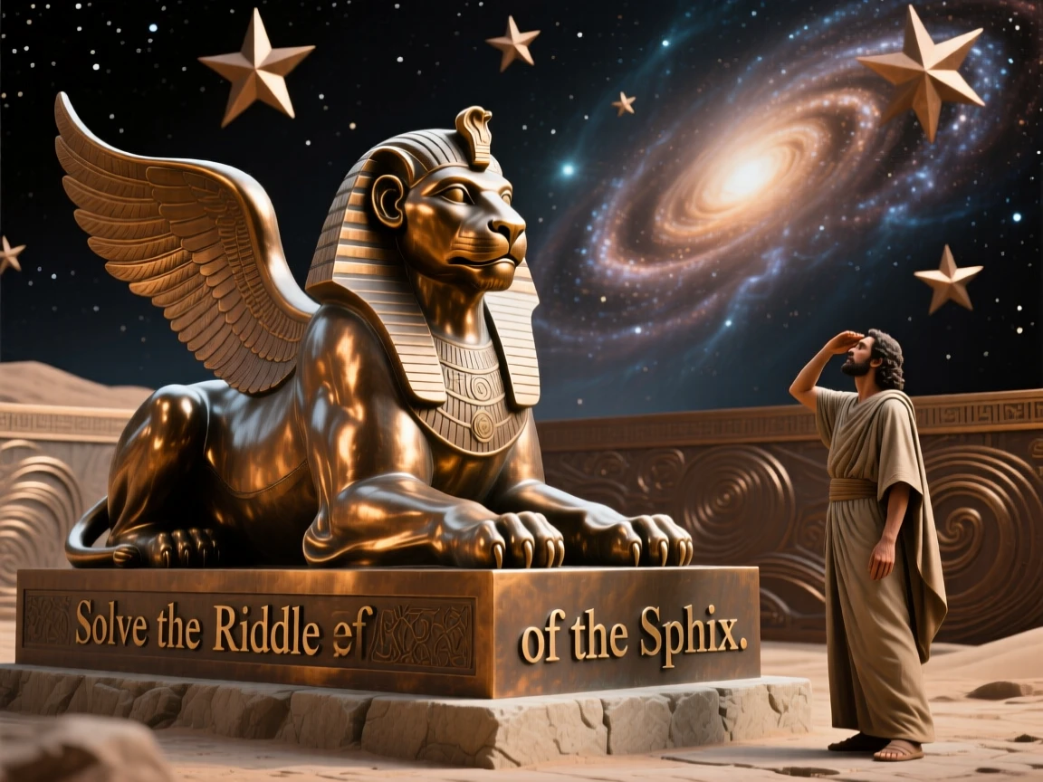A sphinx posing a riddle before a traveler, set against a vast celestial backdrop, radiating awe and grandeur