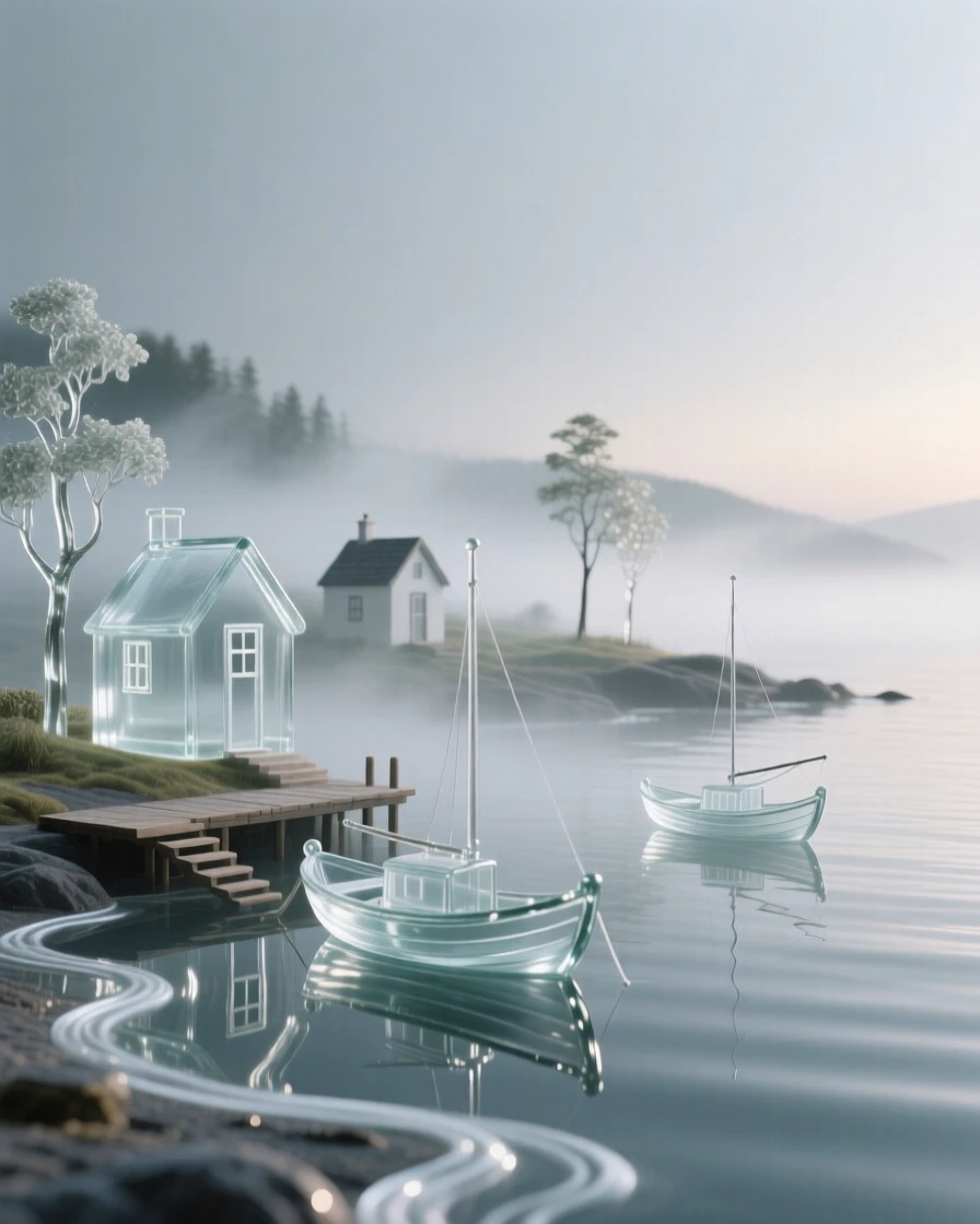 A quiet fishing village nestled along a misty coastline at the quiet hush of early morning, gentle mist rising, composition inviting stillness and reflection.