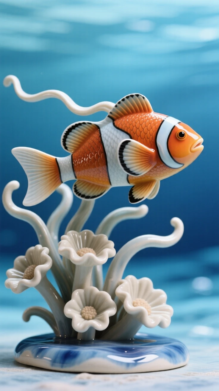 A vibrant clownfish darting among anemones drifting weightlessly through open blue, its fins trailing like delicate ribbons, radiating playful, gentle joy.