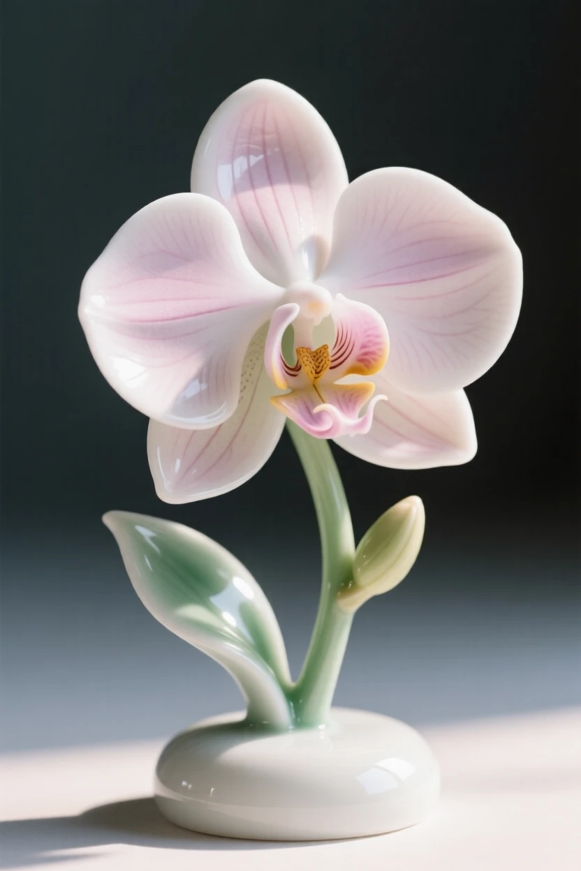 A single orchid opening at first light, glowing softly in gentle morning light.