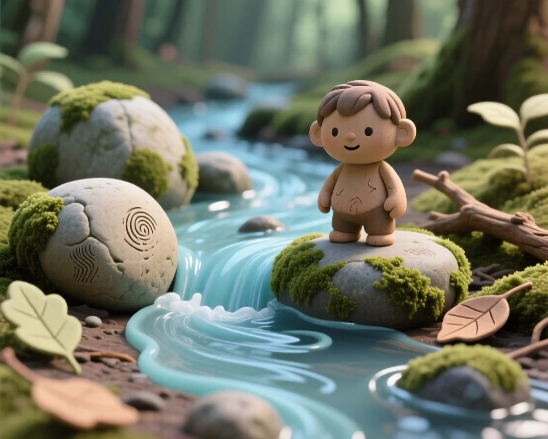 A quiet forest stream tumbling over smooth mossy stones