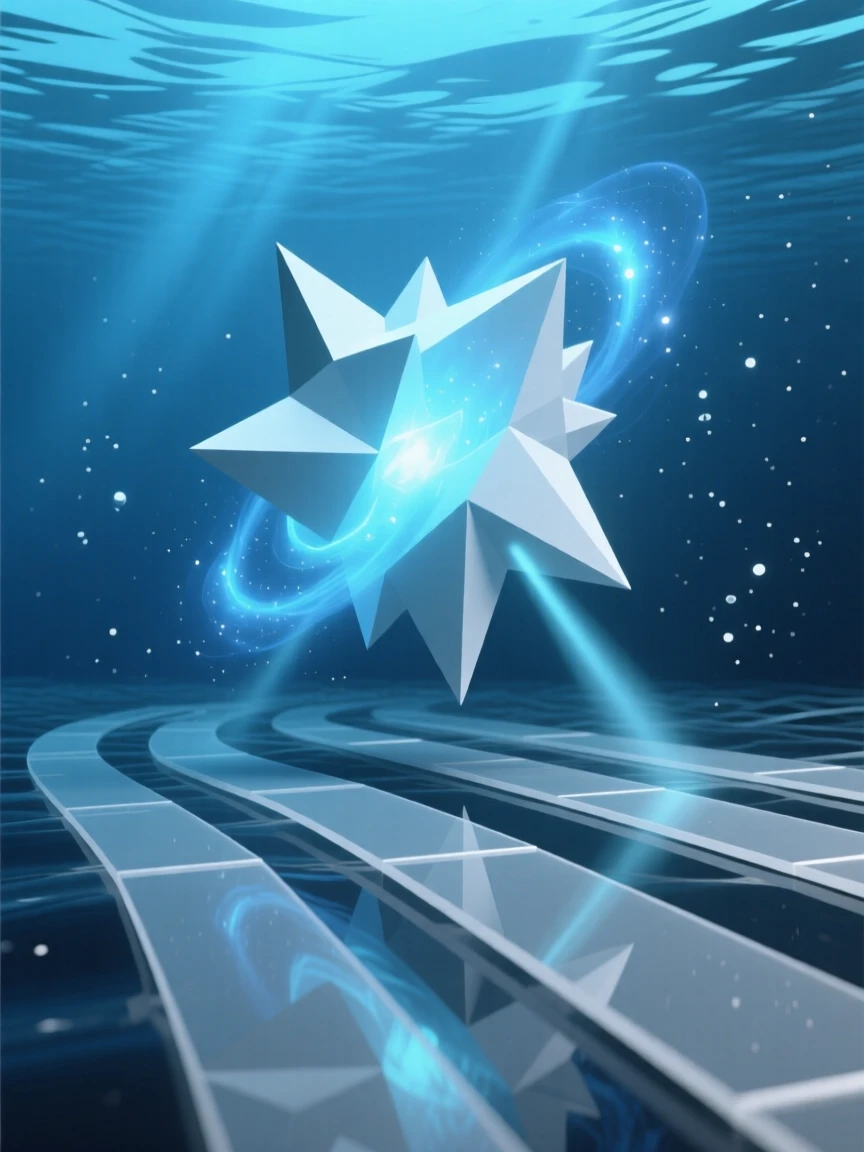 A glowing nebula stretching across the cosmos, beneath deep blue underwater currents. reflections and light rays add a layer of visual depth. The scene radiates a calm, meditative stillness.
