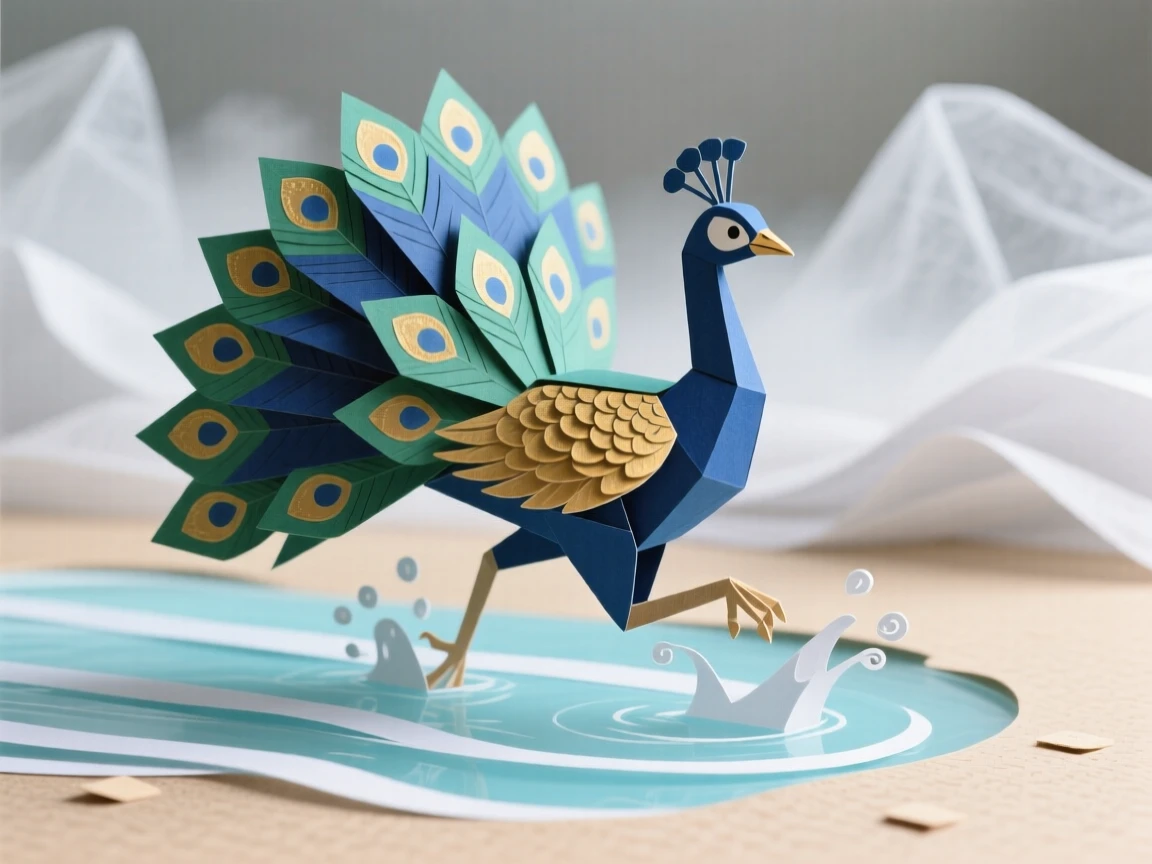 A regal peacock leaping through shallow water, with mist rising gently in the background, evoking innocent charm and gentle curiosity.