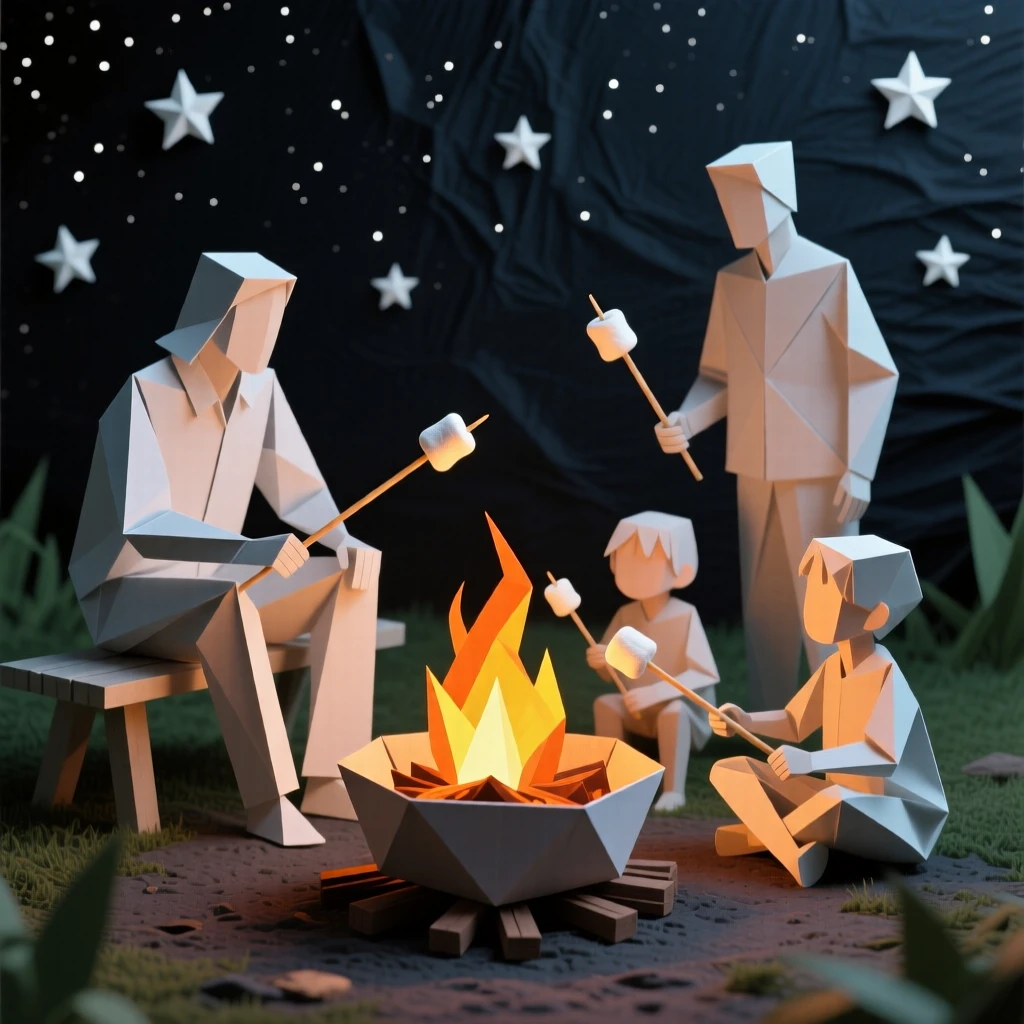 A family roasting marshmallows over a backyard fire pit under a starry sky.
