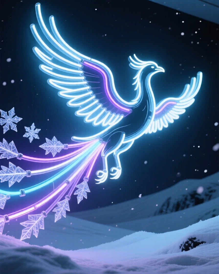 A frost phoenix trailing ice crystals across a snowy sky.