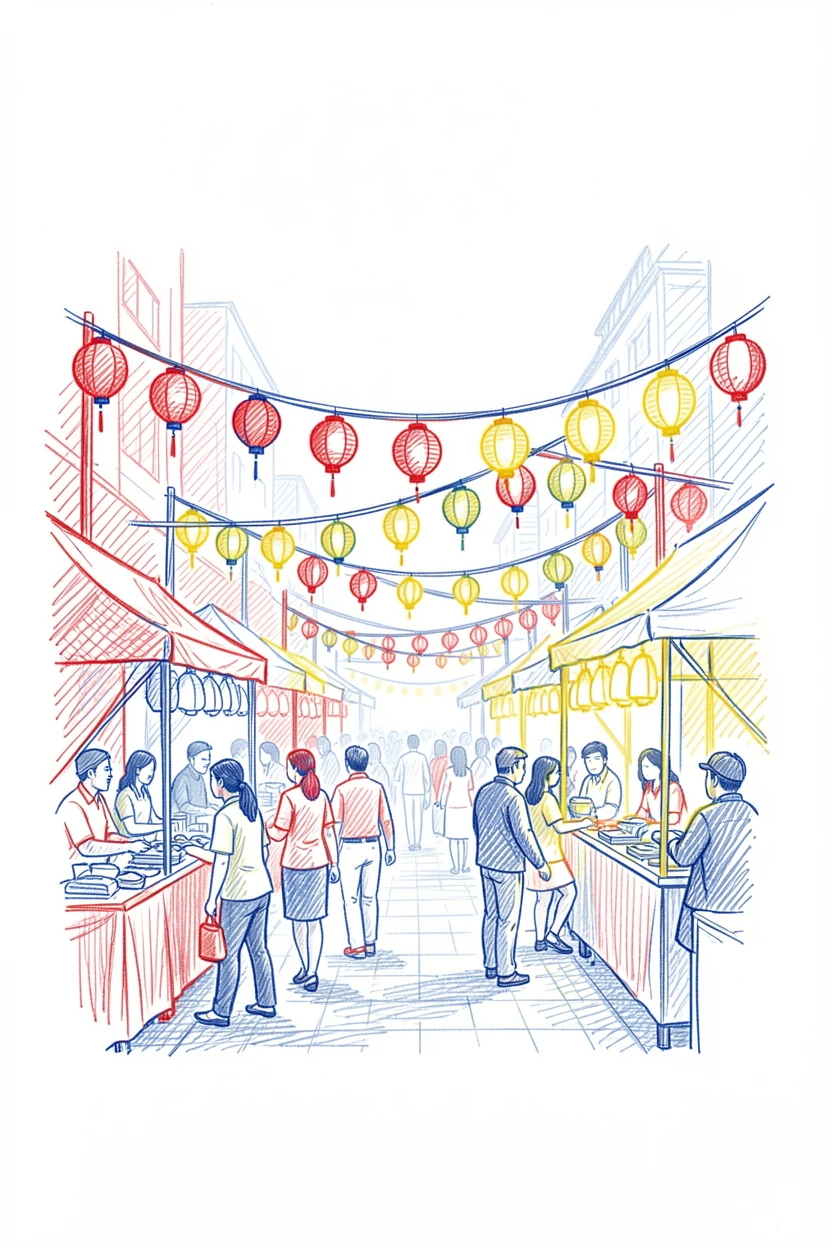 A bustling night market lit by strings of hanging lanterns