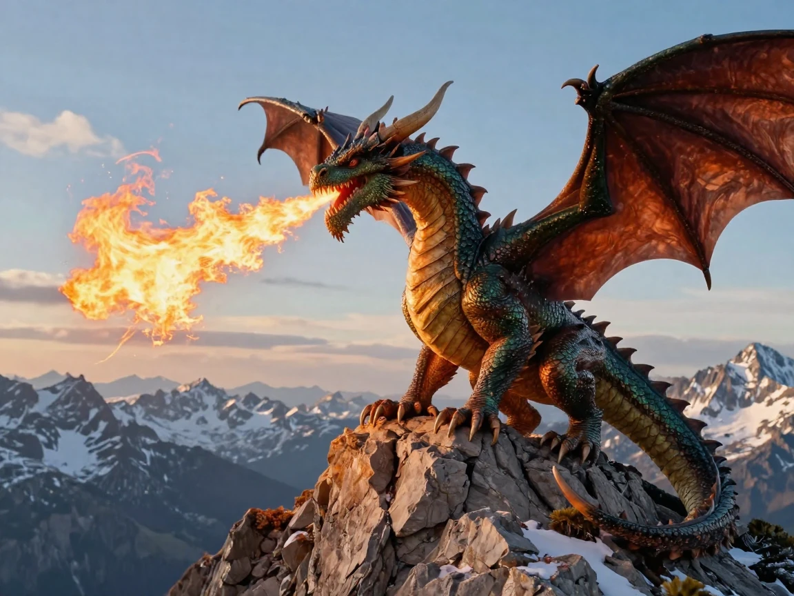 A dragon perched atop a mountain peak breathing fire