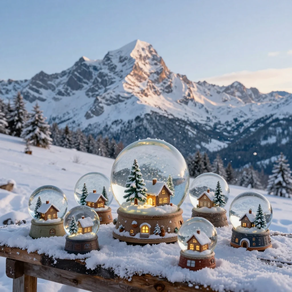 A snow globe village sits nestled at the base of real snow-capped mountains.