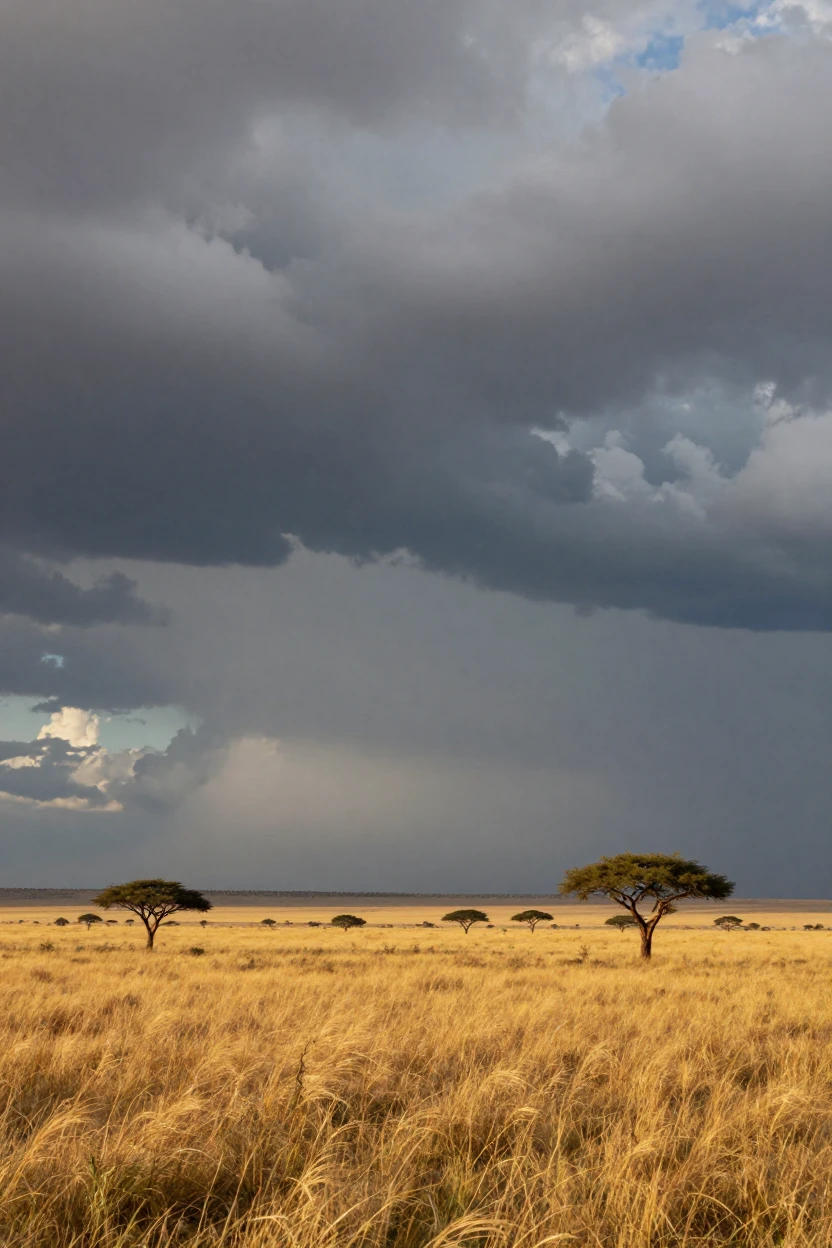 A dramatic sky filled with layered storm clouds over an endless golden savanna