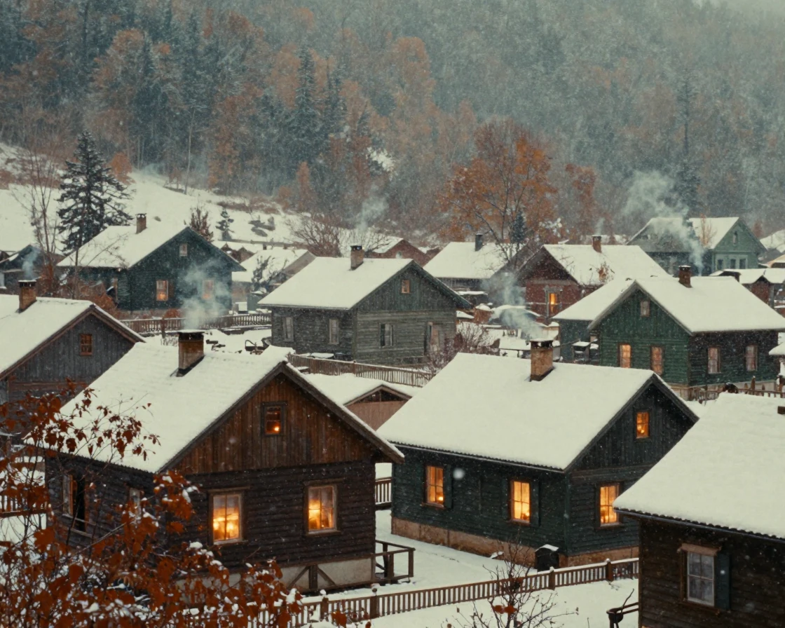 A snow-covered mountain village with smoke rising from chimneys, under flickering candlelight, amid gently falling snow, in the depths of winter, with muted olive and rust colors, peering through foliage in the foreground.