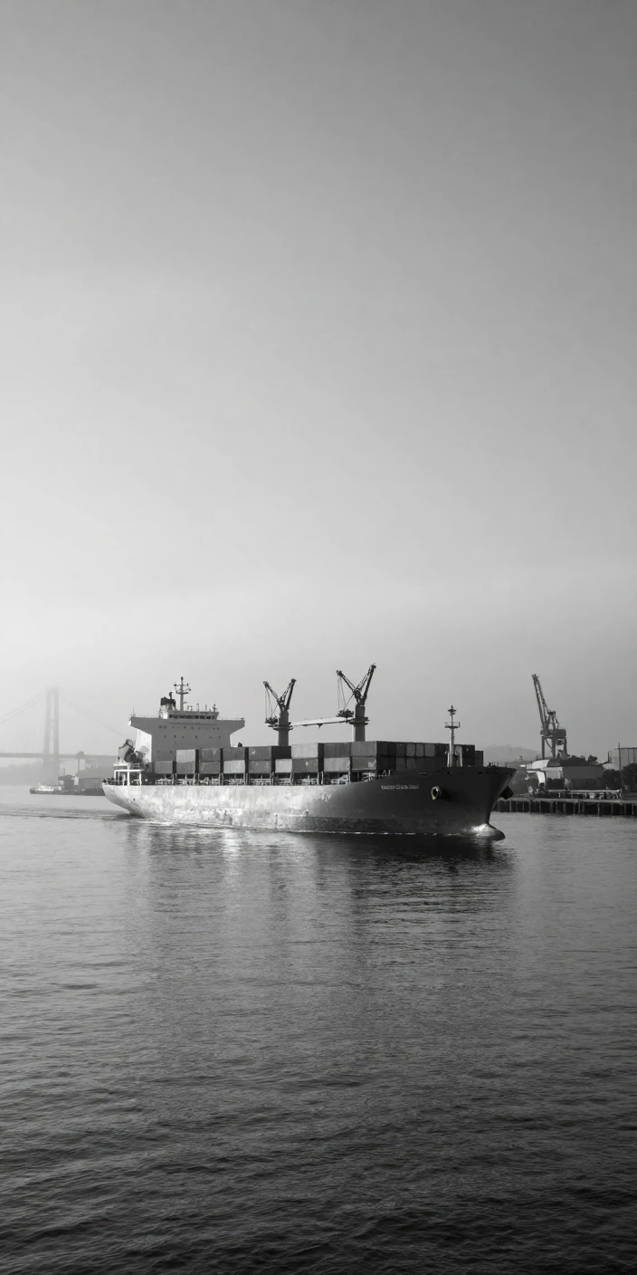 A cargo ship crosses a vast open harbor beneath a foggy harbor skyline.