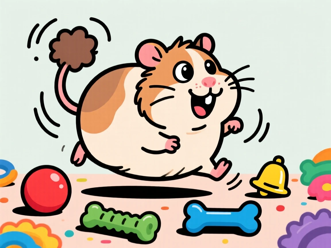 A playful pet moment featuring a chubby guinea pig chasing its own tail in dizzy circles, surrounded by scattered toys.