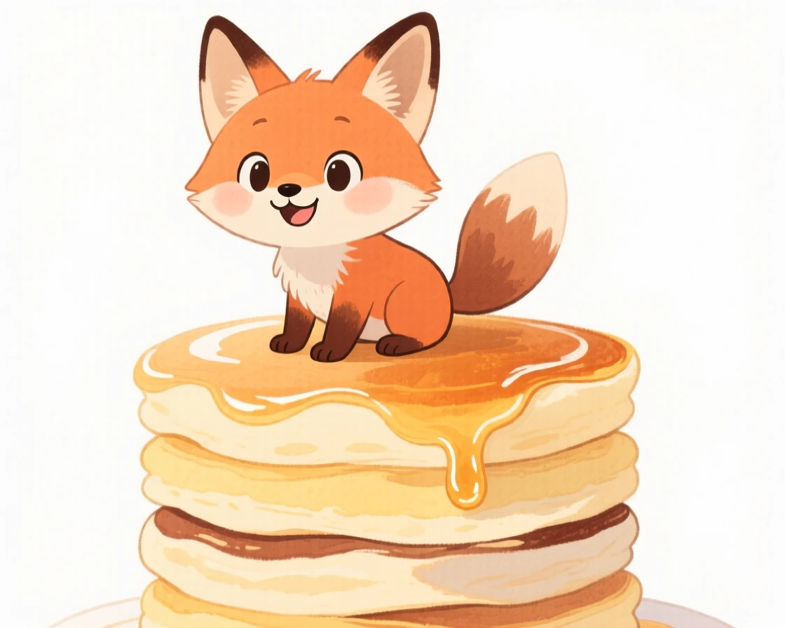 A fox kit perched on a stack of pancakes