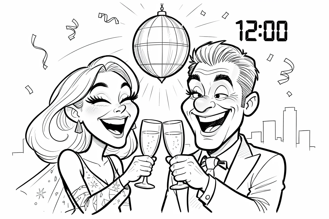 [Seasonal Holidays & Celebrations] Festive scene of a couple toasting champagne as the ball drops on New Year's Eve, full of celebration and joy