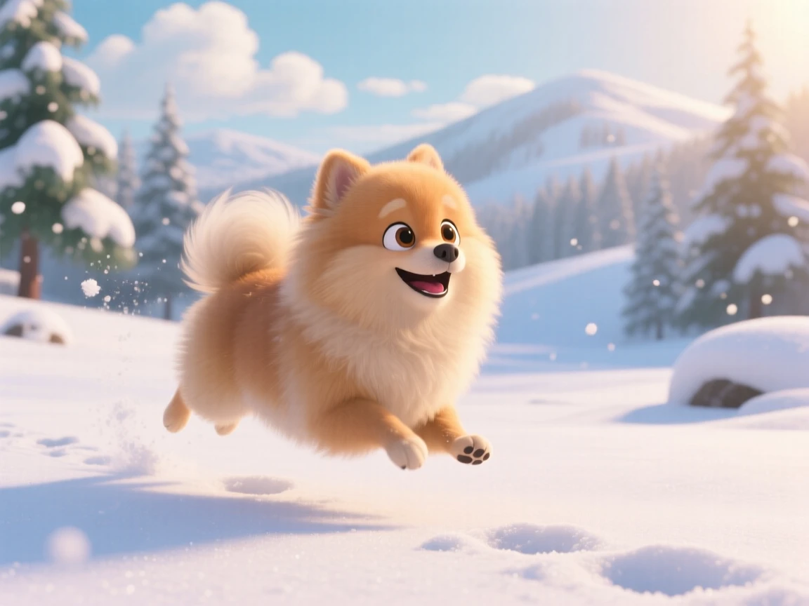 A fluffy Pomeranian is hopping through freshly fallen snow, stretching after a long nap. A quiet, comforting sweetness surrounds the scene, with soft light catching its fur.