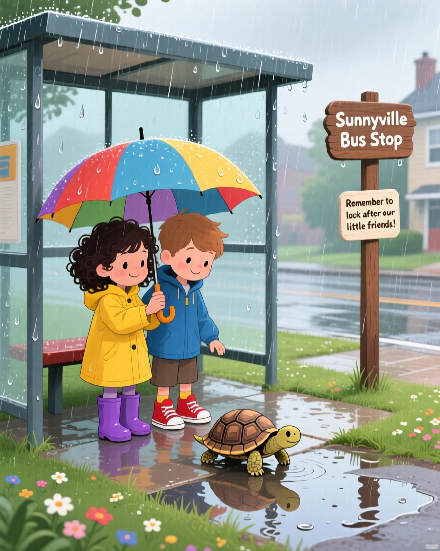 In a rainy bus stop, two children from different backgrounds bond over helping a turtle safely cross a path, as a small act of kindness brings a big smile.