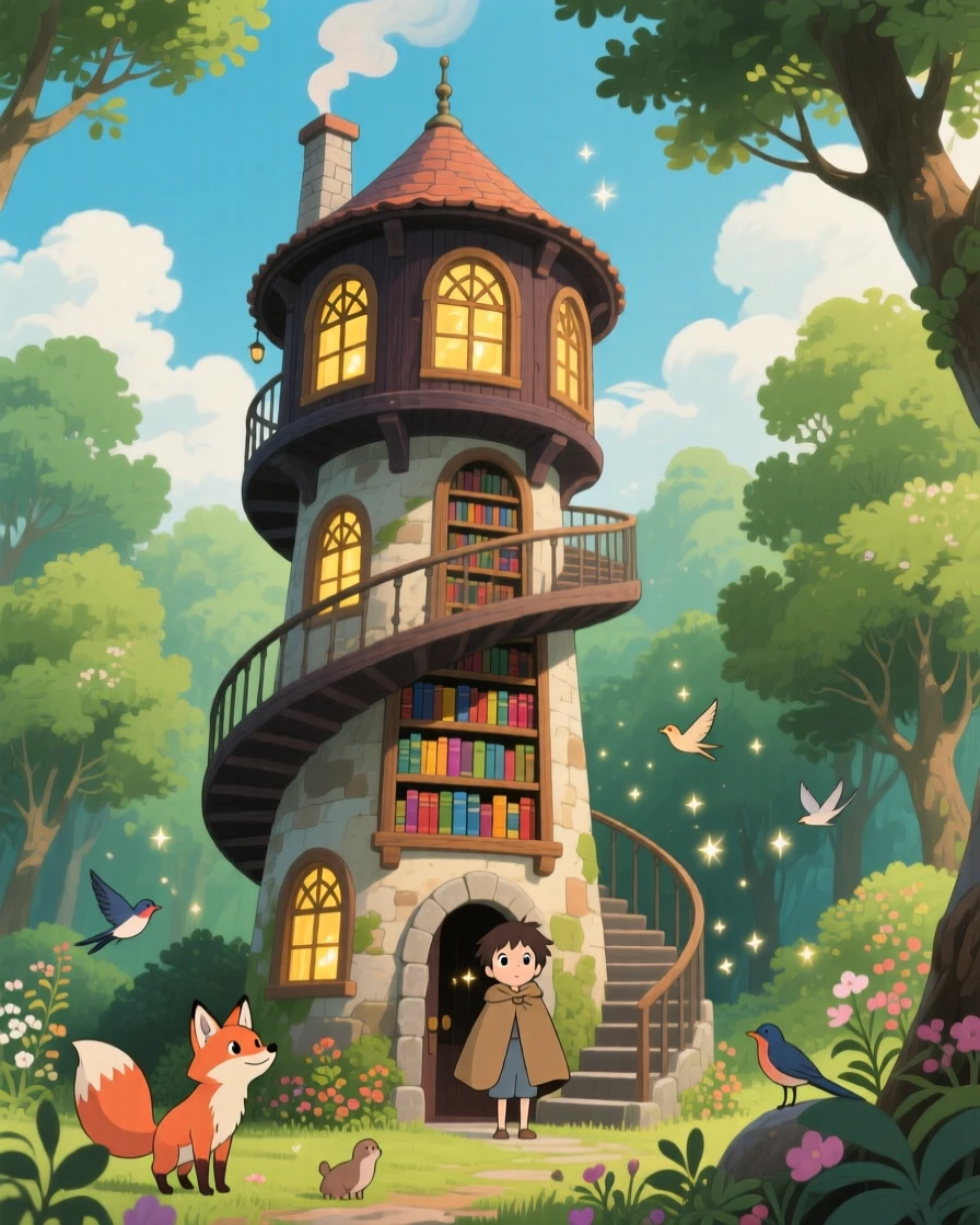 A charming view of a spiral tower library filled with tall arched windows, with smoke curling gently from its chimney.
