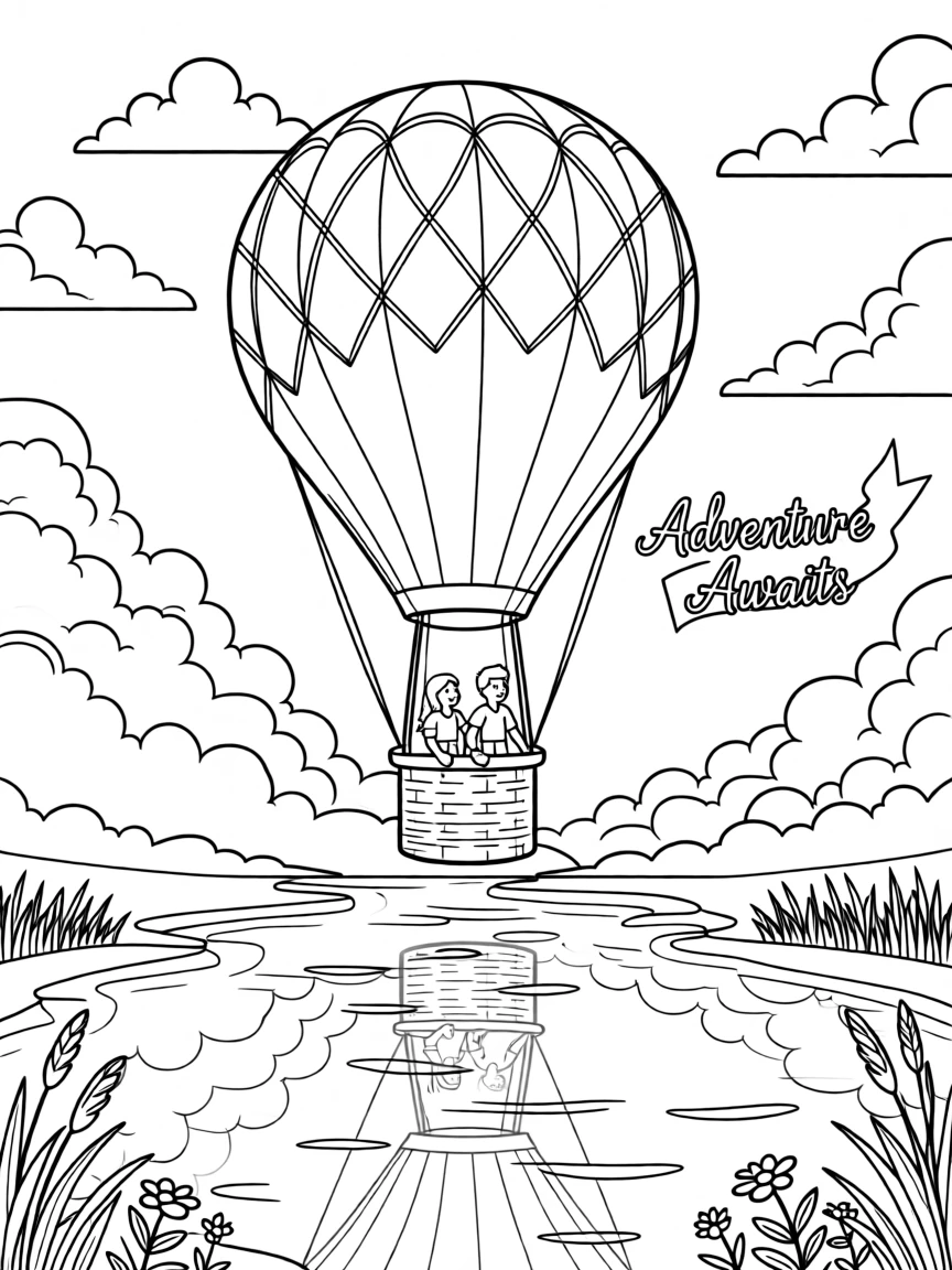 A hot air balloon drifting through a sky painted with clouds, with reflections shimmering on the water's surface.