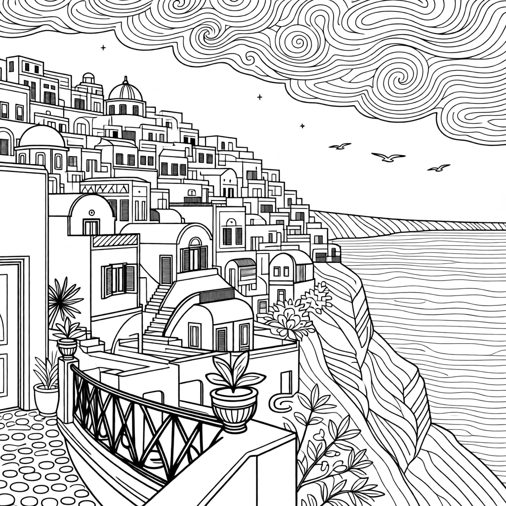 The rooftops of Santorini cascading down a cliff toward the sea.