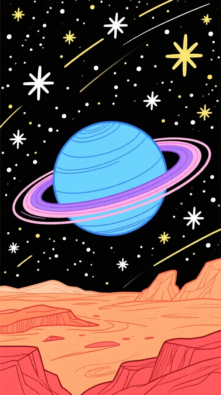 A ringed planet rising above a starlit alien horizon.