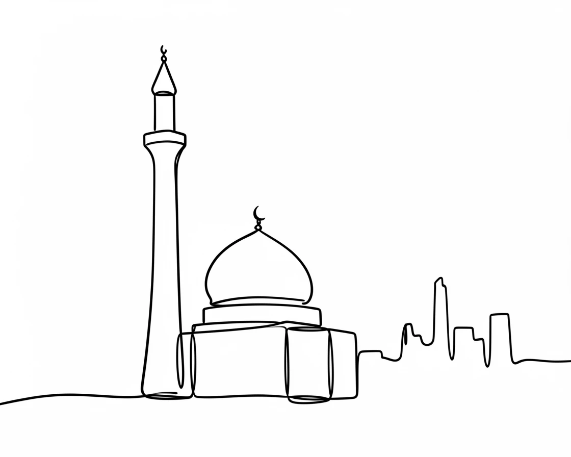 A towering minaret rising beside a domed mosque at the edge of a city