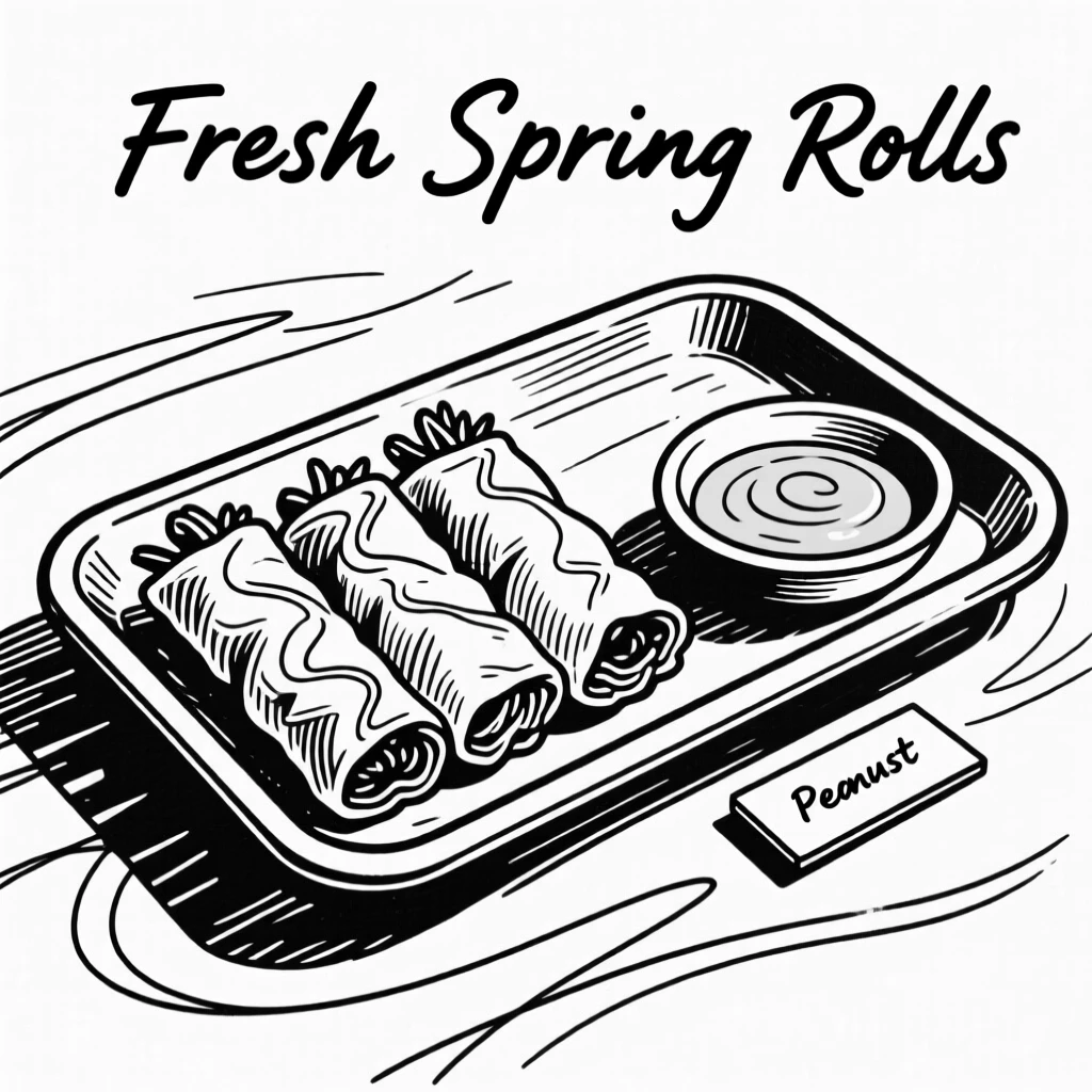 A tray of fresh spring rolls with a side of peanut sauce.
