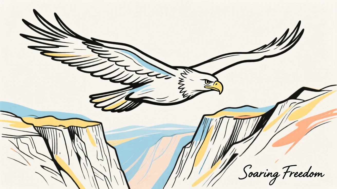 A bald eagle soaring above a rugged mountain canyon.