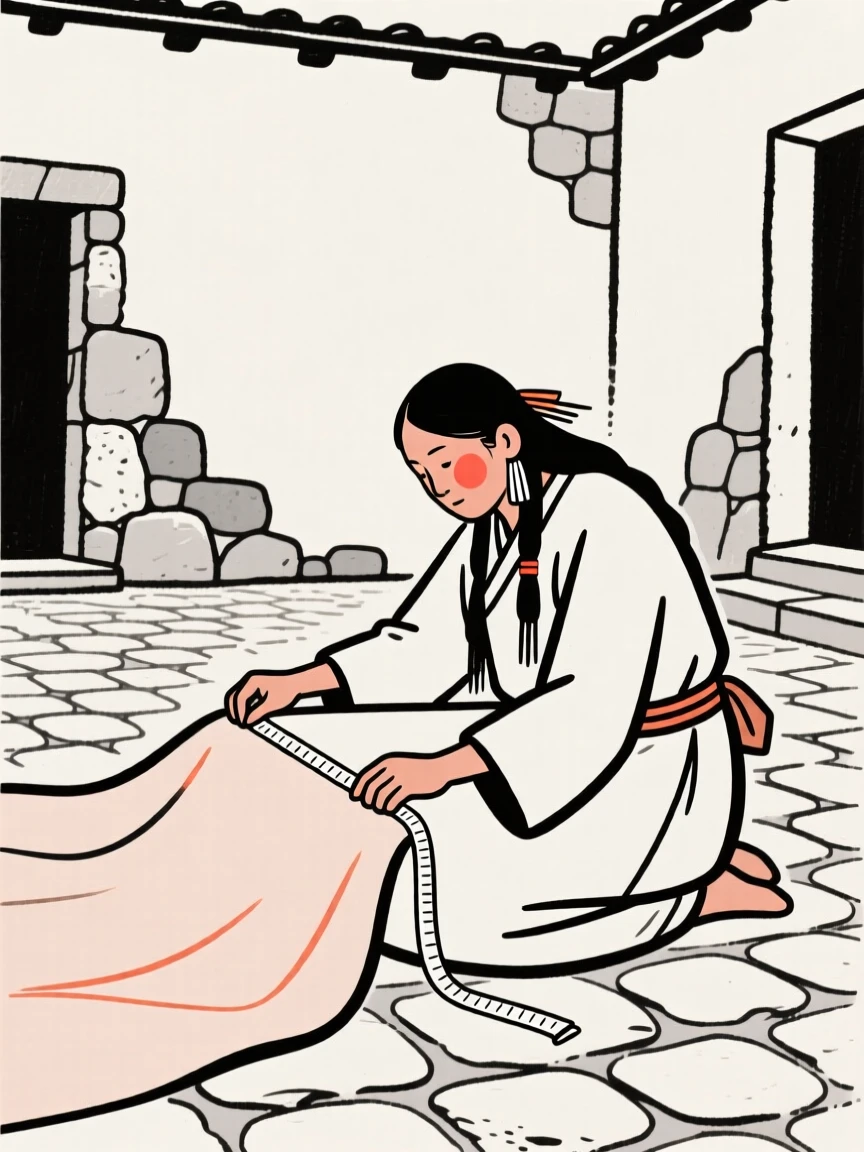 A tailor of native american heritage measuring fabric, resting in calm stillness, in an old stone courtyard.