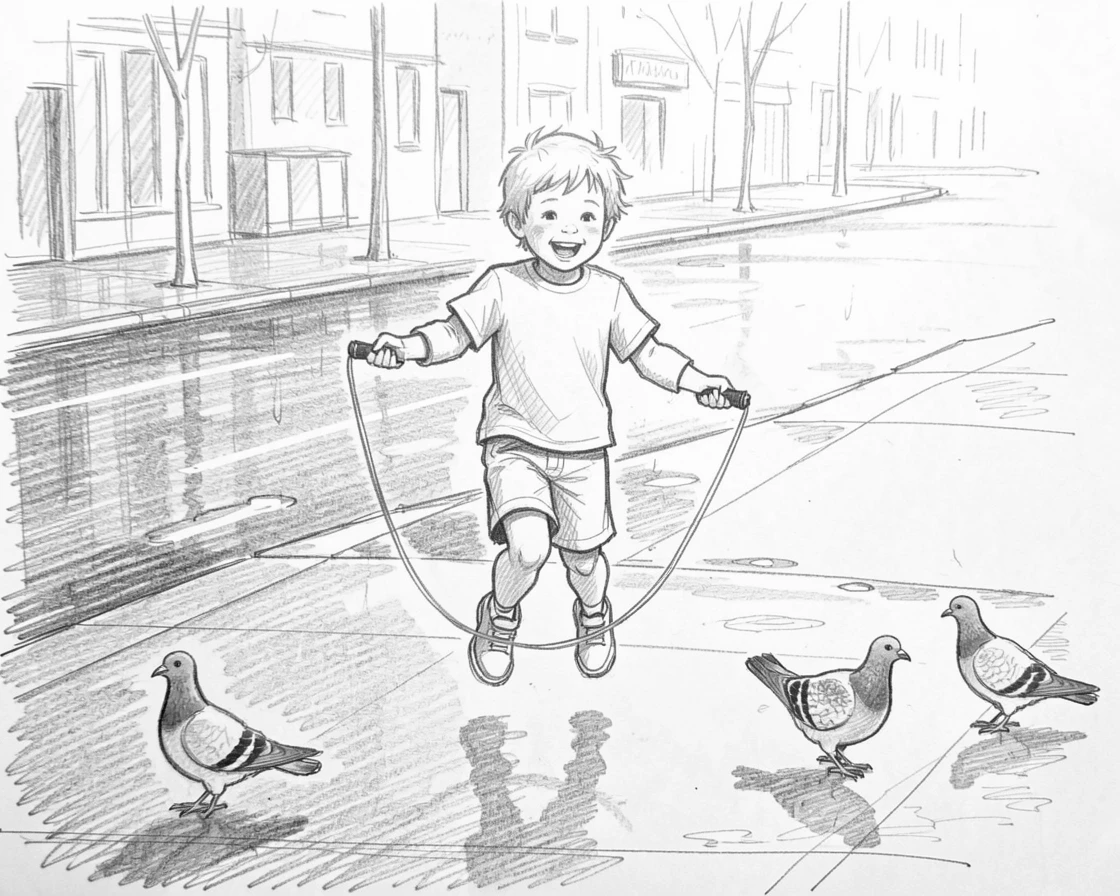 A warm everyday moment: a child skipping rope on a sunny sidewalk on a rain-slicked city street, with pigeons scattering nearby.