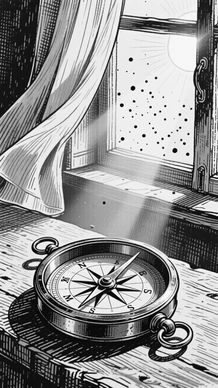 An old brass compass placed near an open window with curtains drifting, with dust motes floating in a sunbeam, forming a quietly nostalgic still-life study.