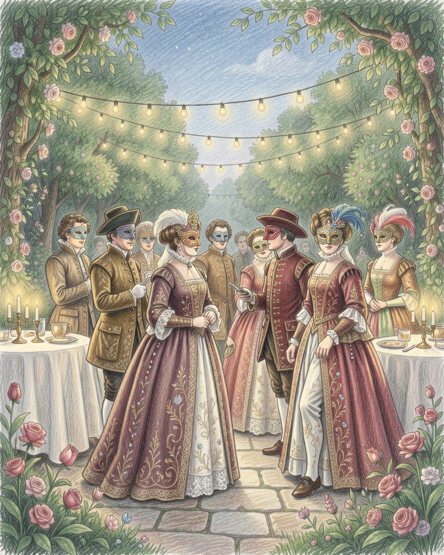 A Renaissance masquerade garden party beneath string lights, with careful attention to period-accurate clothing and setting, celebrating the beauty and richness of world history.