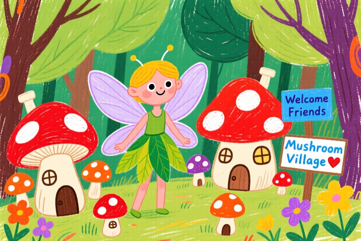 A forest fairy watching over a village of tiny mushroom houses.