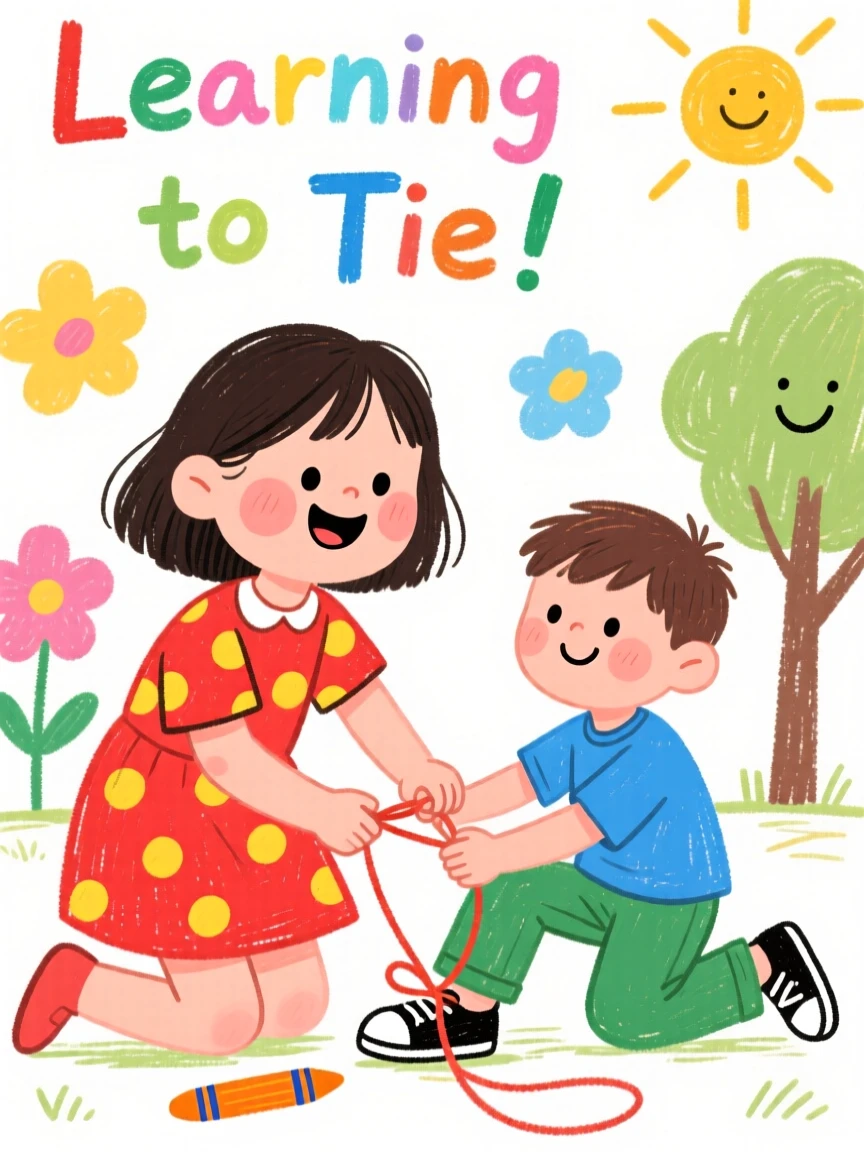 A young girl teaching her little brother to tie his shoes.
