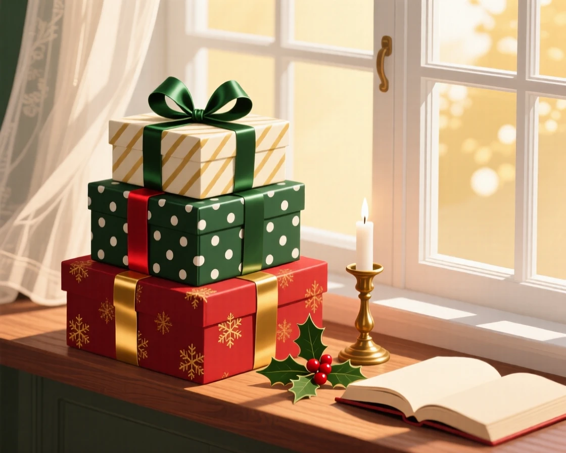 A stack of gift-wrapped presents tied with satin ribbons, placed beside a sunlit window, arranged with complementary objects nearby for context, with soft golden light highlighting fine craftsmanship.