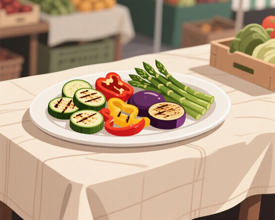 A platter of grilled vegetables beautifully displayed on a linen tablecloth at a farmers market.