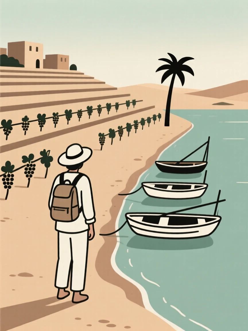 A traveler standing before a vineyard terrace in a desert oasis town, with a row of fishing boats nearby, feeling peaceful escape.