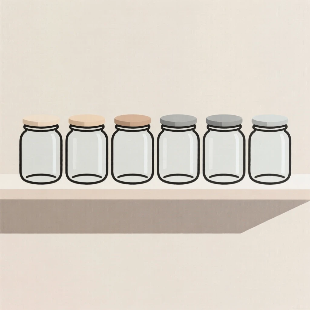 A pantry shelf stocked with glass jars