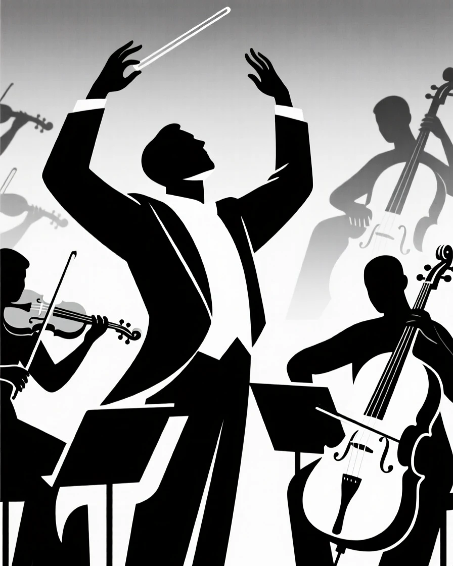 An orchestra conductor leading musicians with sweeping gestures.