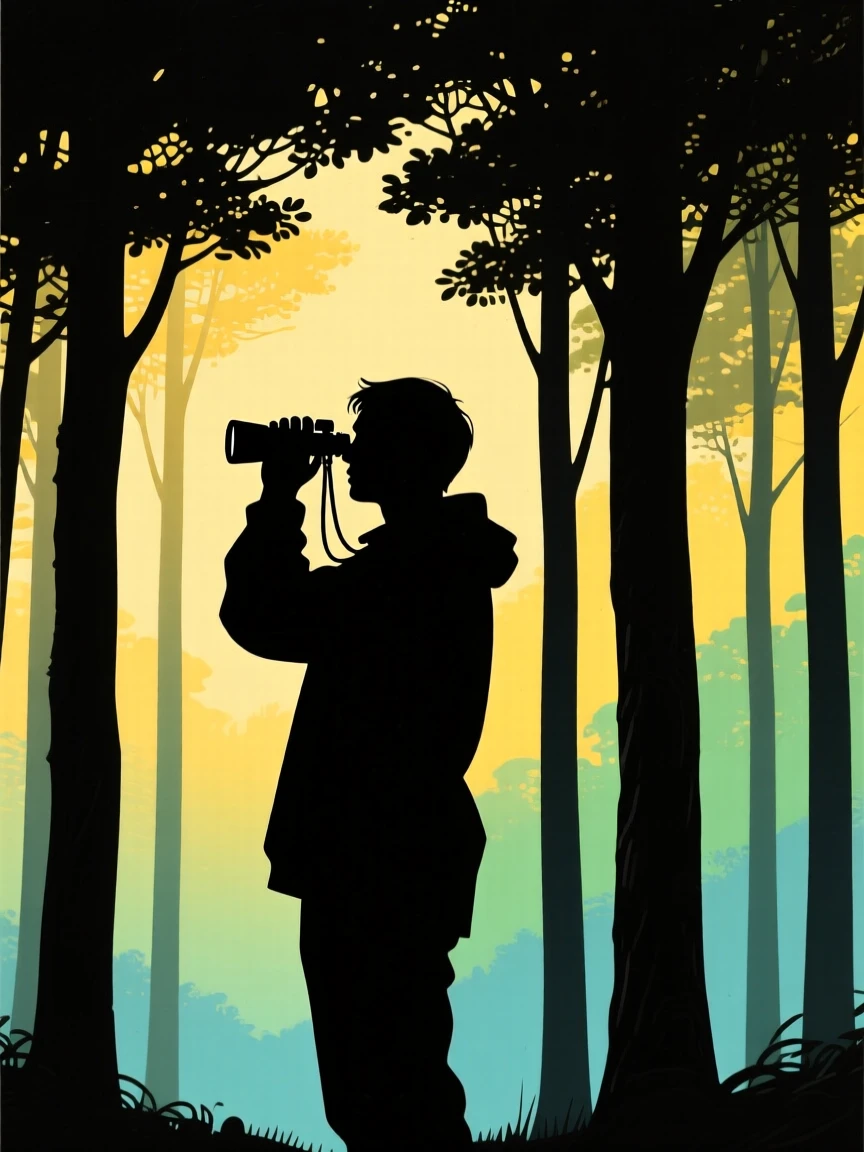 A birdwatcher peering through binoculars into a quiet forest canopy.