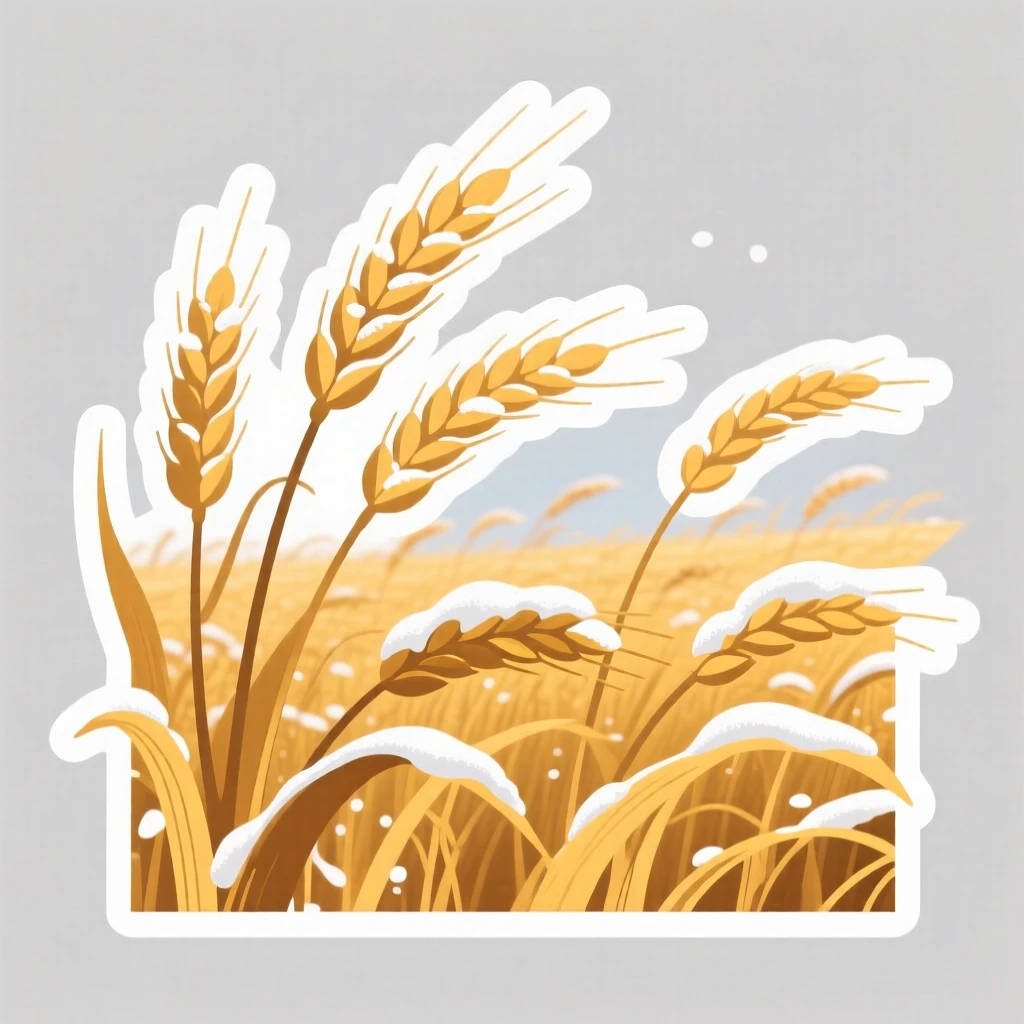 A breathtaking field of golden wheat swaying in the wind, dusted with a light layer of fresh snow, on a clear and cloudless day.