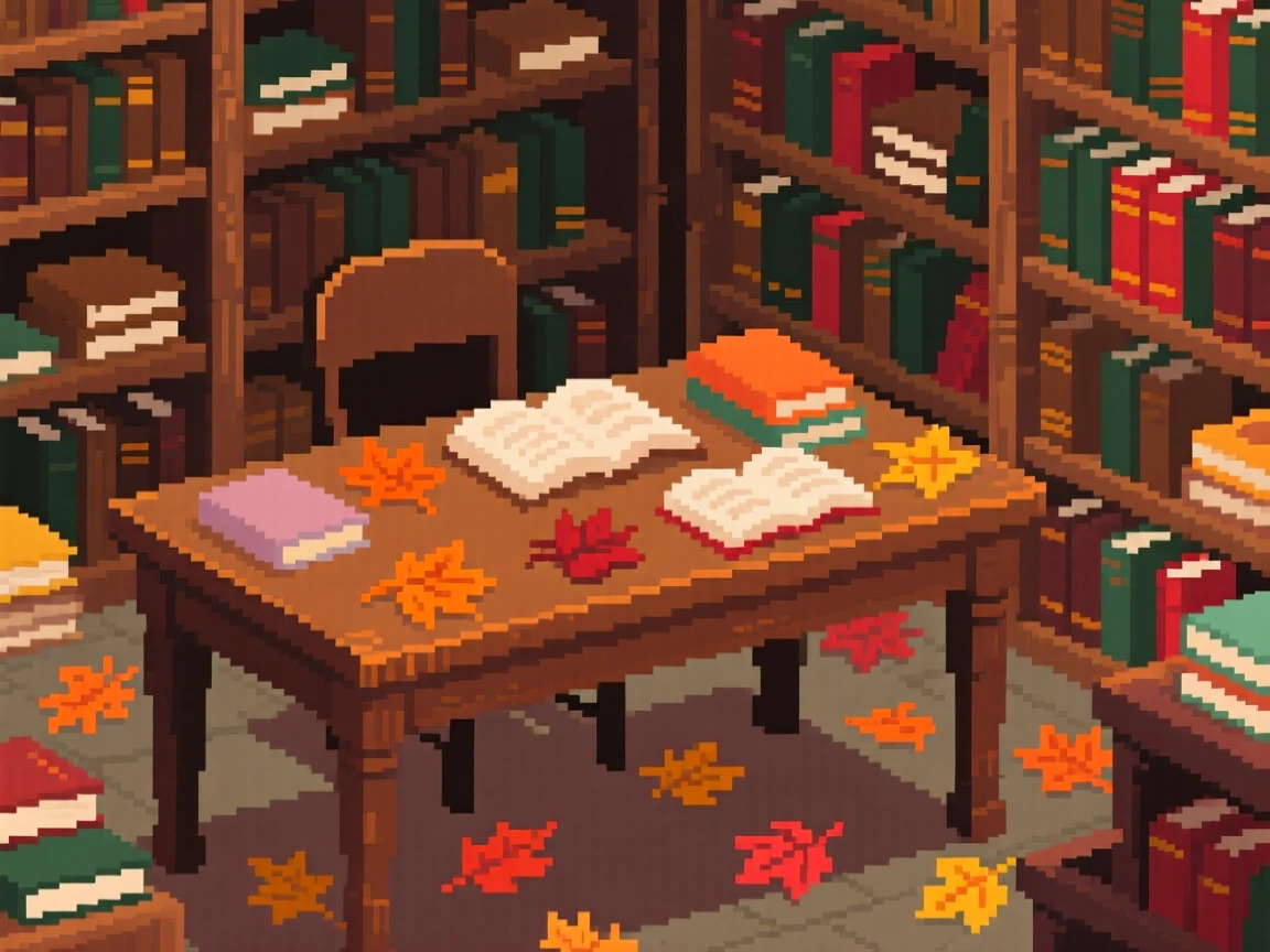 A study desk scattered with autumn leaves blown in from outside, within a cluttered but charming bookshop.
