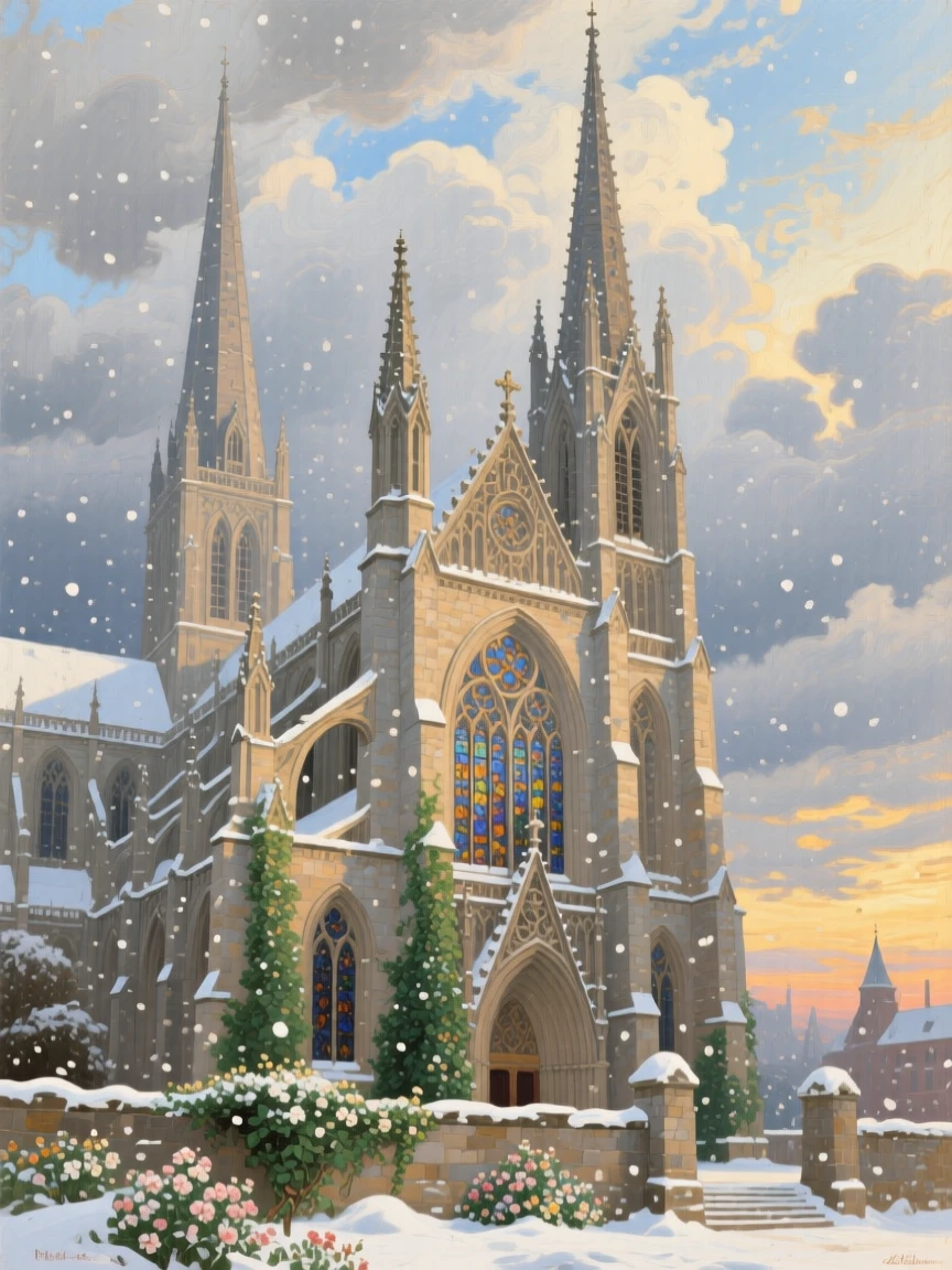 A balanced composition of a grand cathedral with soaring spires against a dramatic sky, in the height of summer, in gentle falling snow.