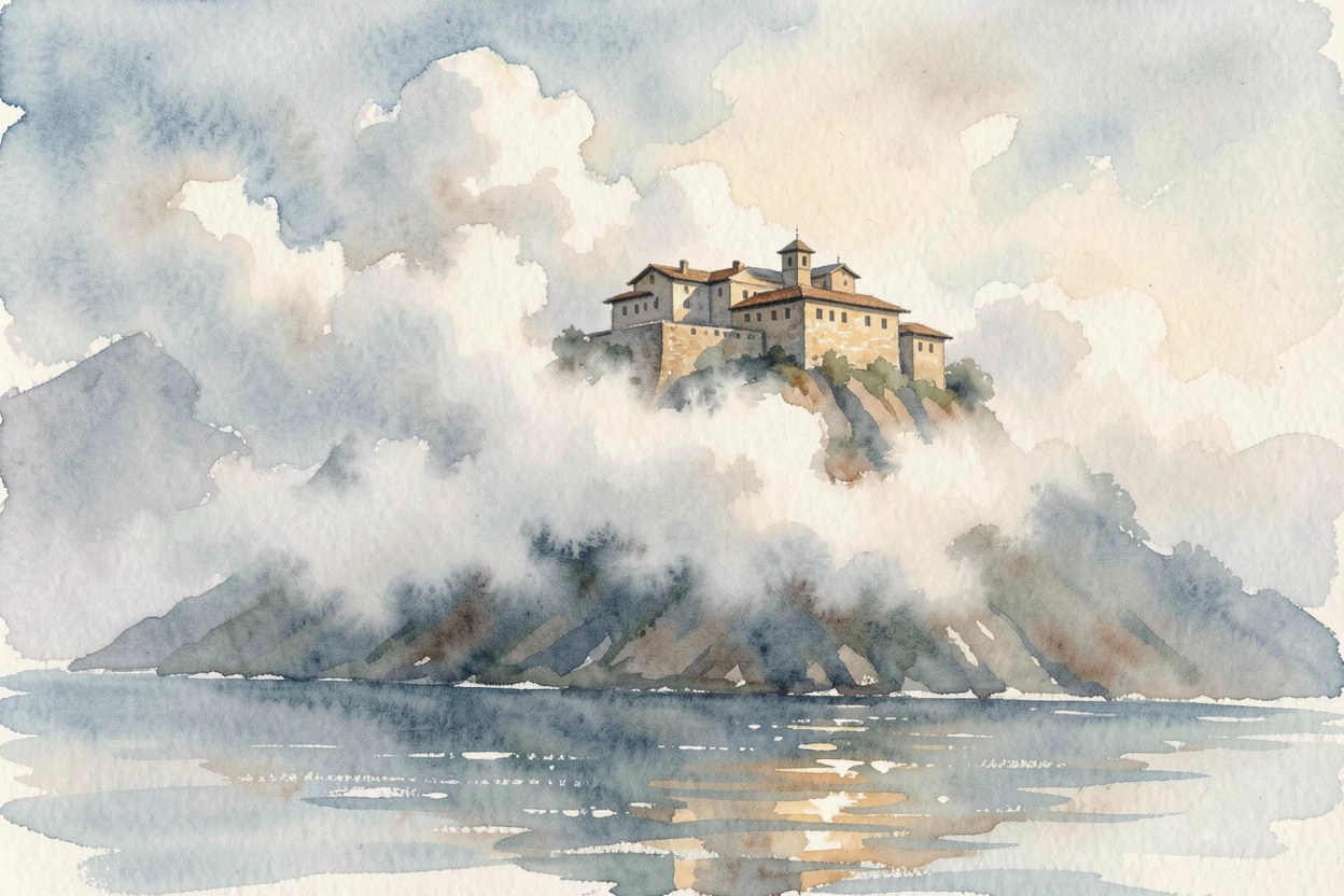 A mountaintop monastery wrapped in clouds with soft morning fog rolling through with reflections shimmering in the water below.