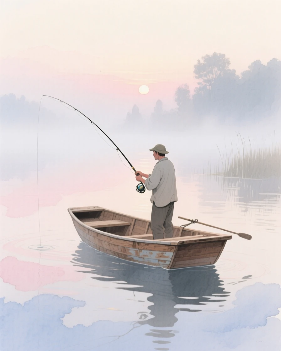 A fisherman casts his line from a small wooden boat on a misty lake at dawn