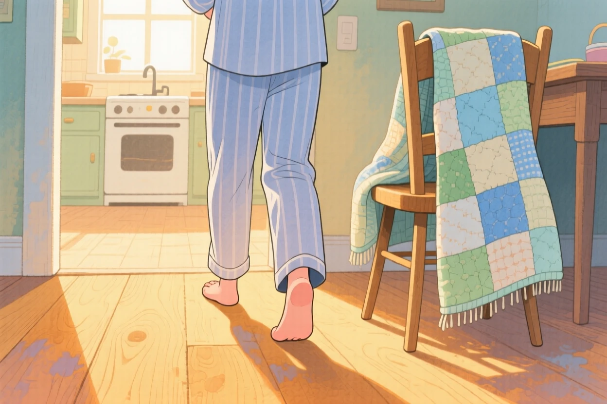 A weekend morning scene of pajama-clad feet padding across a warm wooden floor toward the kitchen, with a worn quilt draped over the nearest chair, capturing the simple joy of a slow morning.