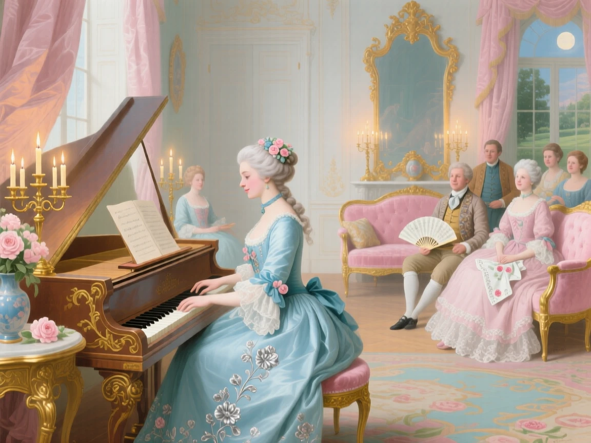 A harpsichord recital in a candlelit salon with attentive listeners  