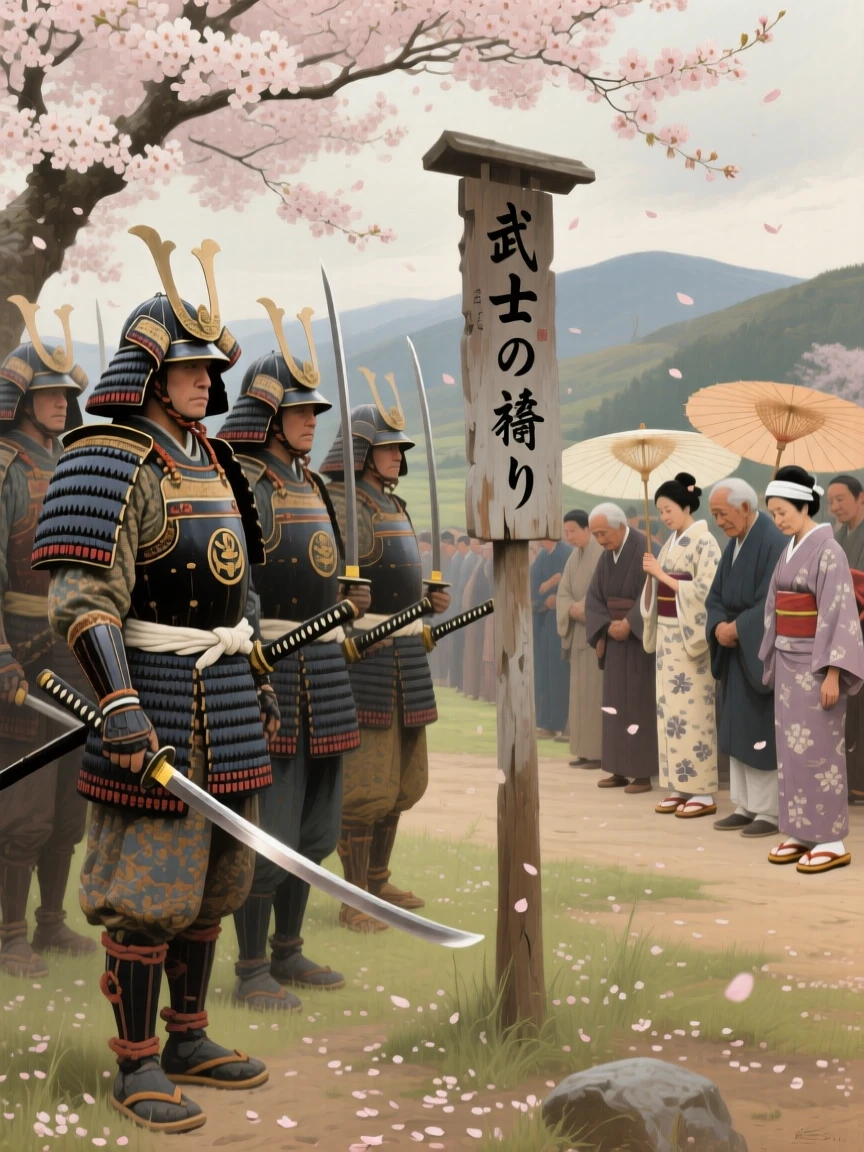 Samurai warriors standing in formation beneath cherry blossom trees, as onlookers in traditional dress watch the scene unfold, honoring the customs, craftsmanship, and spirit of the time