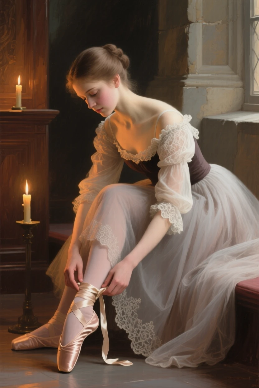 A ballerina adjusting her slipper before stepping onto the stage turning slightly toward a soft, unseen light, set in a candlelit chapel side room, with soft light tracing the folds of fine fabric and delicate lace; soft background blur isolates the sitter as the clear focal point, evoking tenderness, memory, and unspoken emotion.