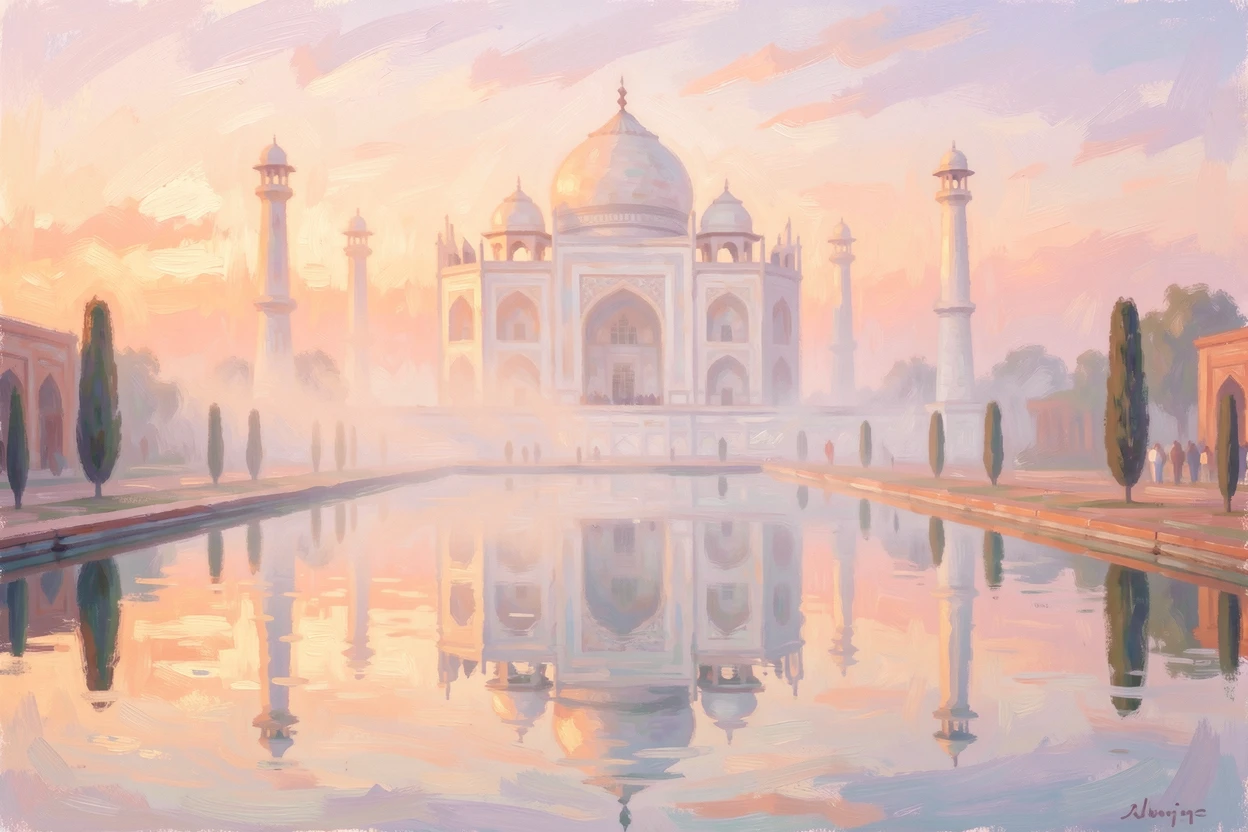 The Taj Mahal reflected in a still pool at sunrise, mist rising gently around the white marble domes, under a glowing sunset sky.