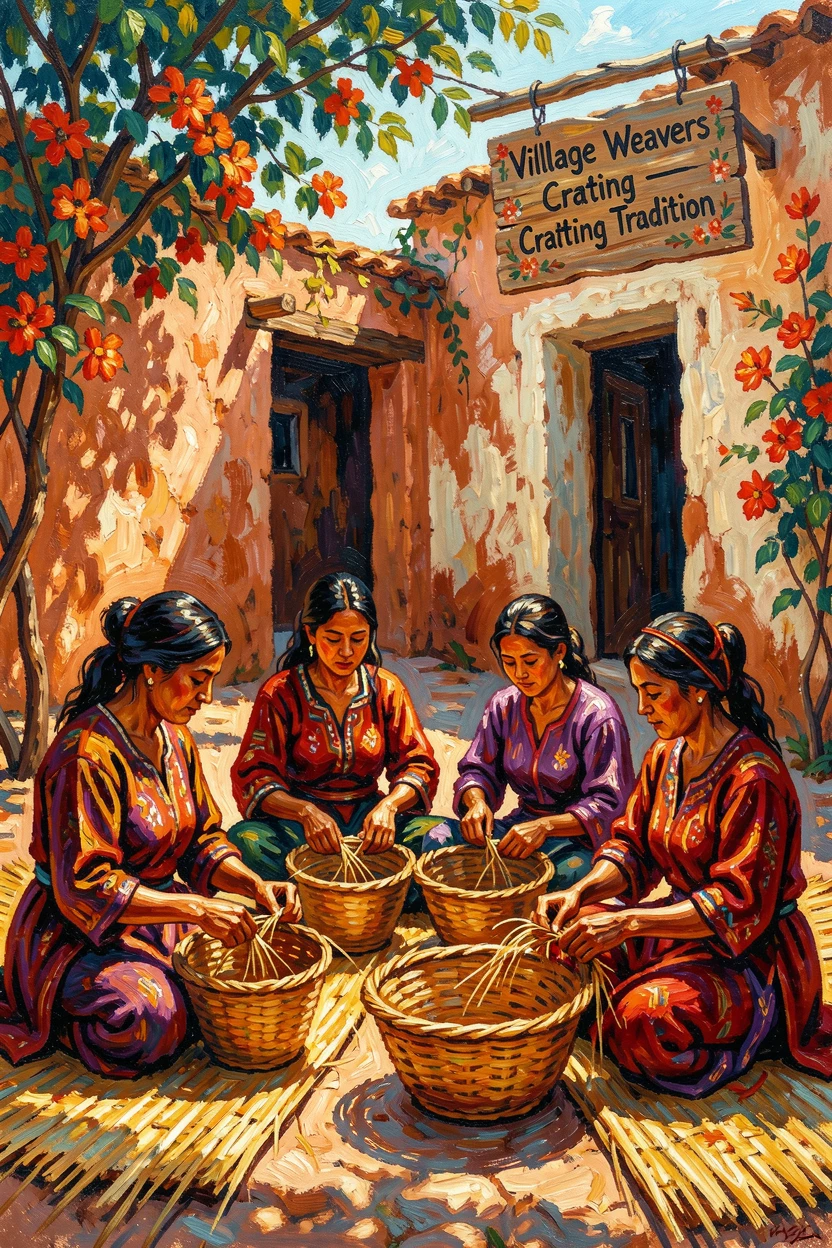 A group of women weaving baskets together in the shade of a village courtyard.